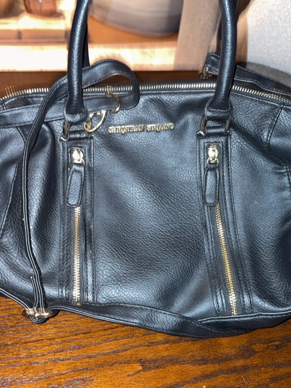 Christian Siriano Black Leather Duffel with Gold Hardware
